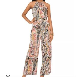 1 State Colorful Paisley Women's Printed Halter Sleeveless Wide-Leg Jumpsuit S0